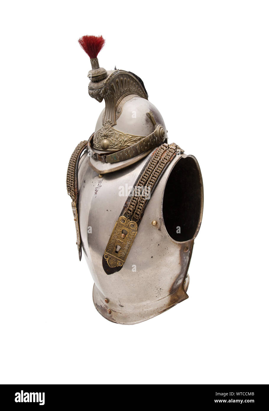 1874 French line officer's cuirassier breastplate and helmet. Cuirass steel body with brass pair of lions, straps and rivets. Steel helmet ca 1900, wi Stock Photo