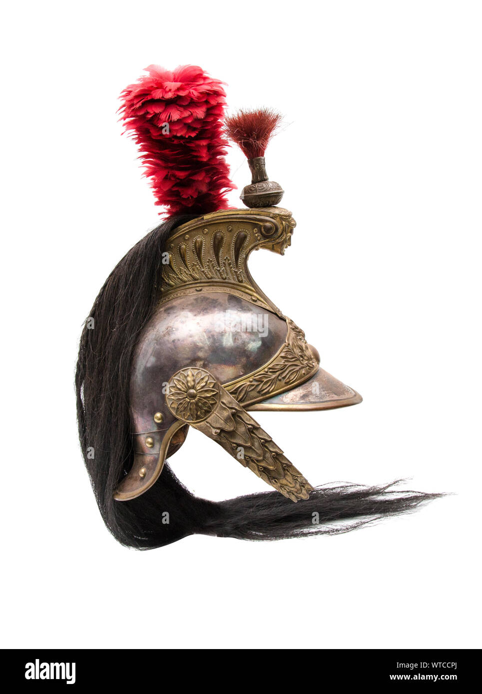 French Cuirassier Helmet of the 19th century. The helmet has a steel skull with brass edging, fittings, and a crest with repoussé decoration, the head Stock Photo