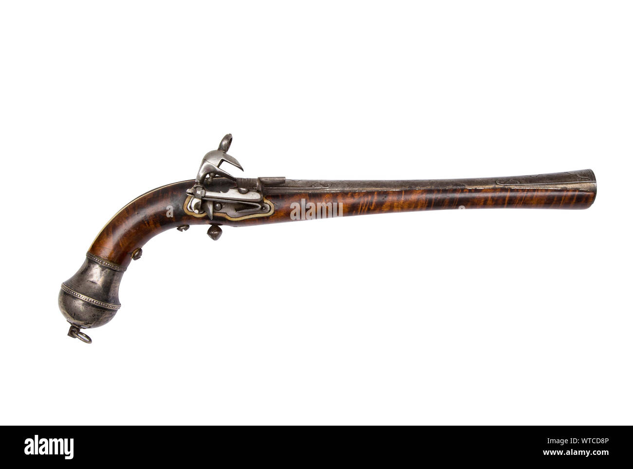 Georgian (Russian Empire) flintlock blunderbuss pistol. 19th century. Damascus steal barrel. Solid silver mounts. Stock Photo