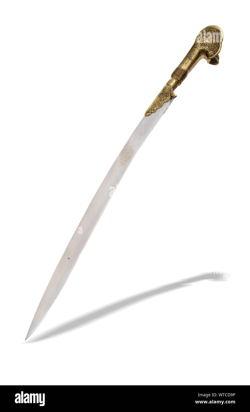 Turkish Janissary yatagan sword with recurved single edged pointy blade. Stock Photo