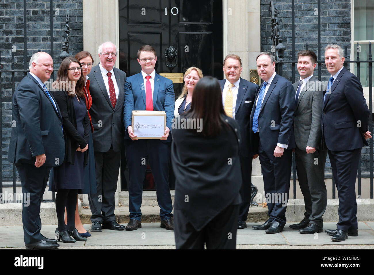 Westminster, London, 11th Sep 2019.  Nigel Dodds, Leader of the DUP in the House of Commons, with DUP colleagues including Ian Paisley Jr. and David Simpson, together with the 'Society for the Protection of Unborn Children' hands in a Pro-Life petition at No 10 Downing Street this afternoon. Credit: Imageplotter/Alamy Live News Stock Photo