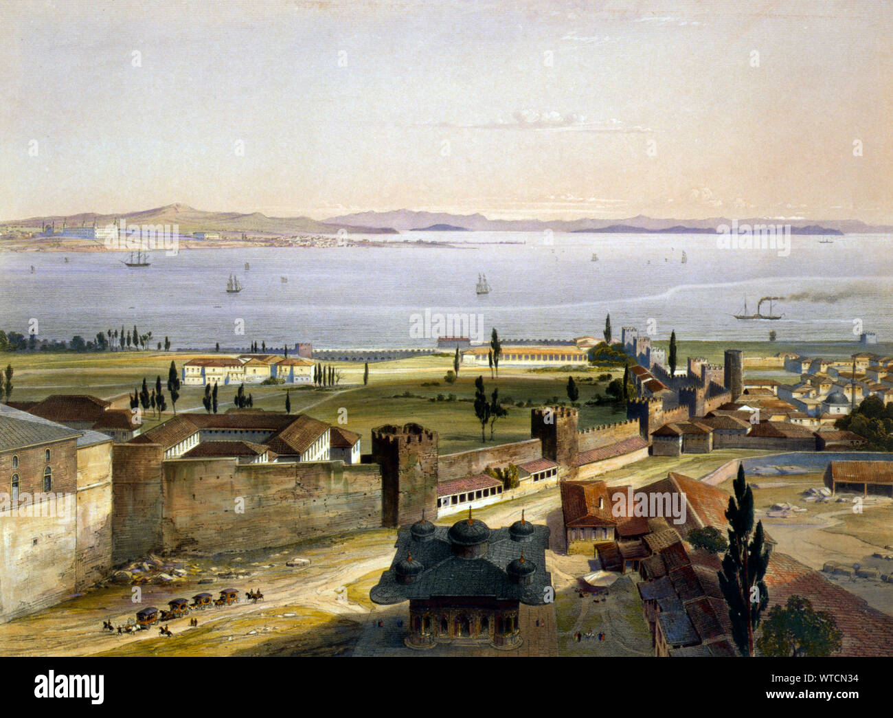Panorama of Istanbul made from a minaret of Ayasofya Mosque, formerly the Church of Hagia Sophia, including the fountain of Ahmed (Ahmet) III in the f Stock Photo