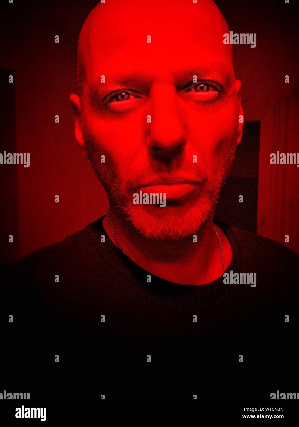 Close-up Portrait Of Bald Man In Illuminated Red Room Stock Photo