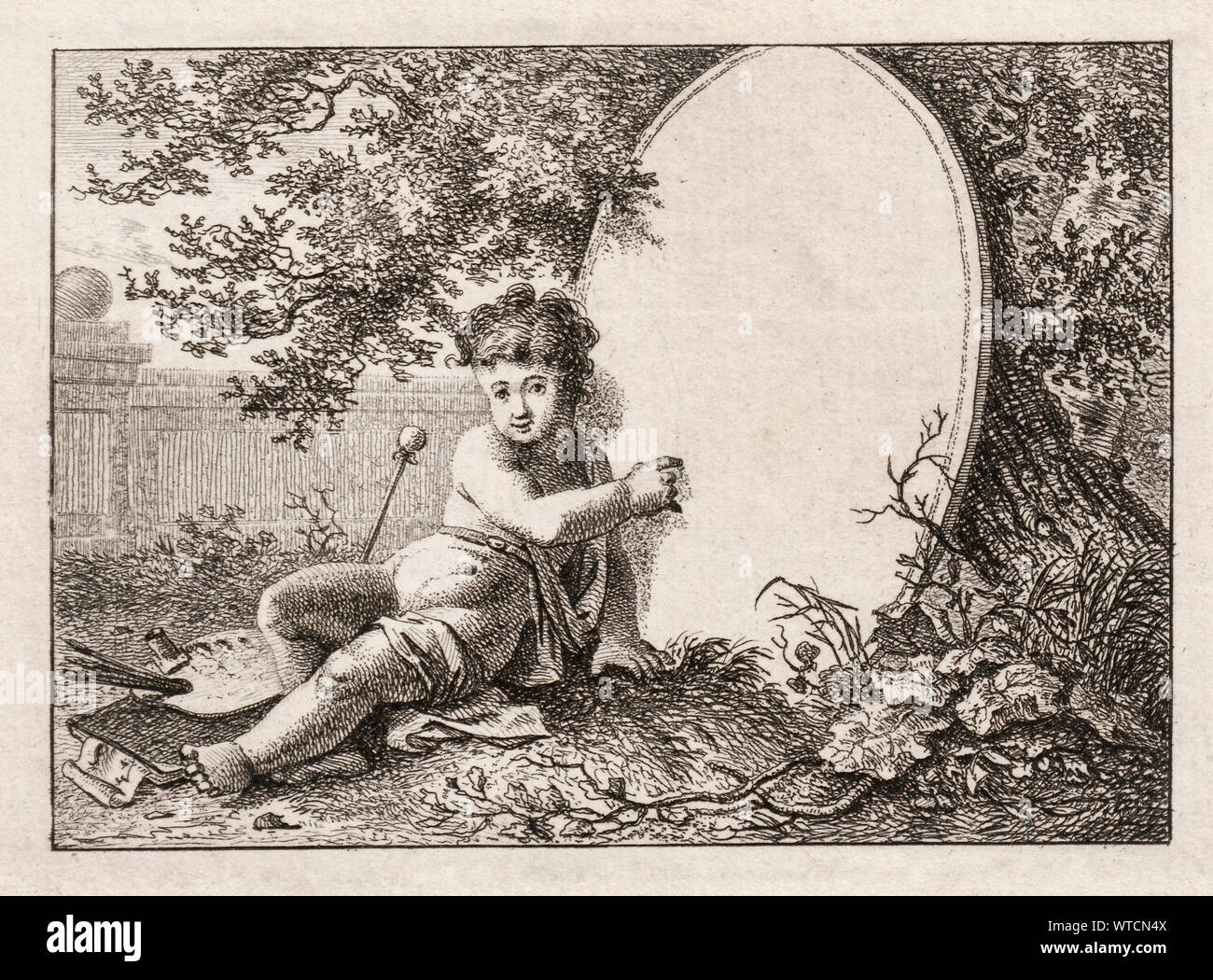 Old engraving of child under the tree. 17th century Stock Photo