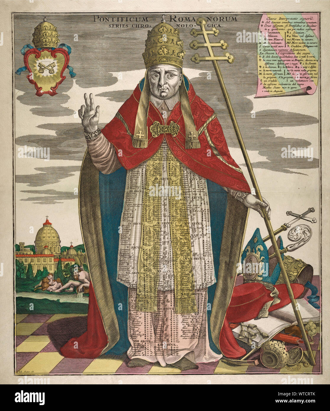 Engraving from atlas Novus. Pontificum Romanorum Series Chronologica. 1728. The image shows a pope, sceptre in one hand, the other hand raised. On his Stock Photo
