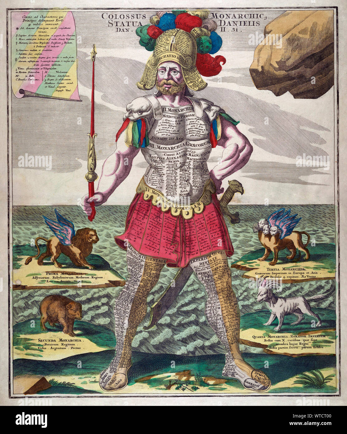 Engraving from atlas Novus. Colossus Monarchi. 1728. The image shows a Colossus with a sword and sceptre. On his body and armour are listed the kings Stock Photo