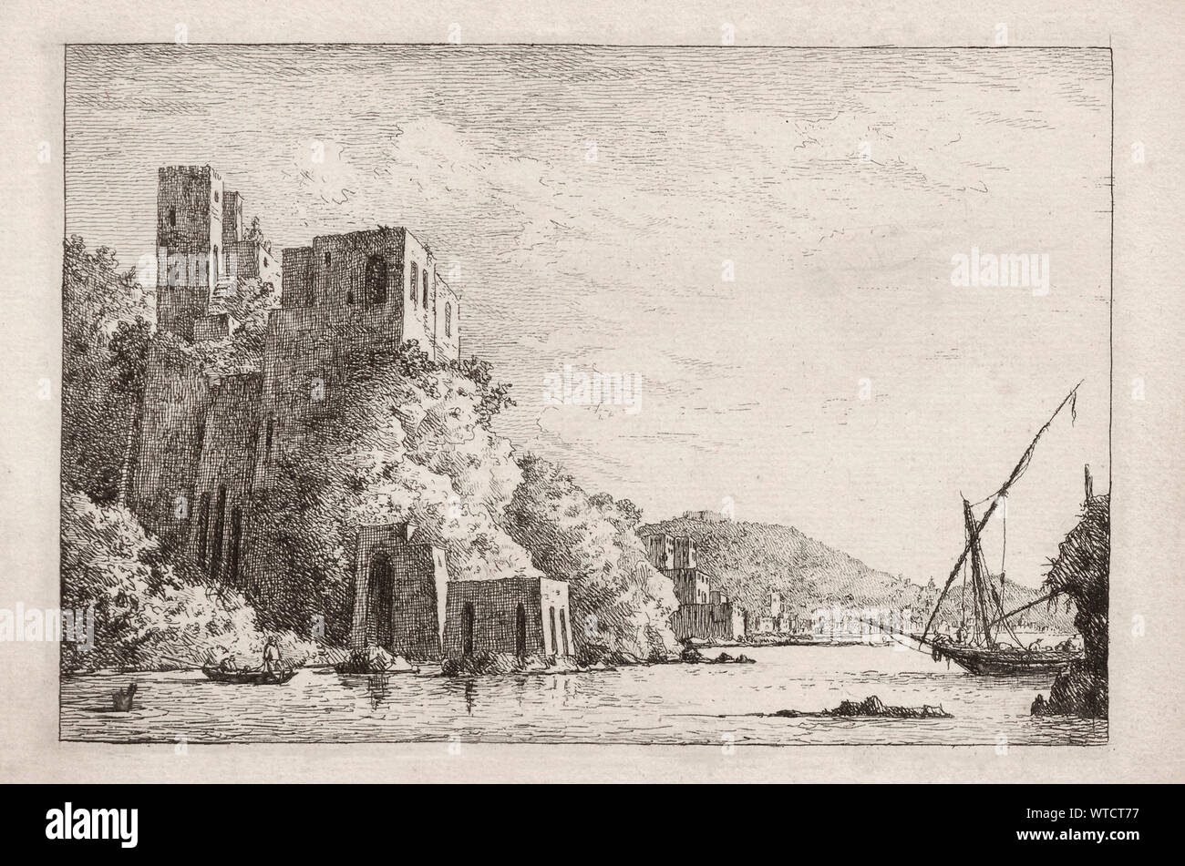 Etching of the port of Civita Vecchia in Italy. Etchings (views in Italy) by William Marlow (1740-1813). Stock Photo