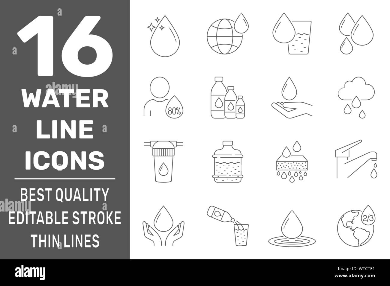 Set of water in thin line style. High quality black outline drop symbols for web site design and mobile apps. Simple water pictograms on white Stock Vector