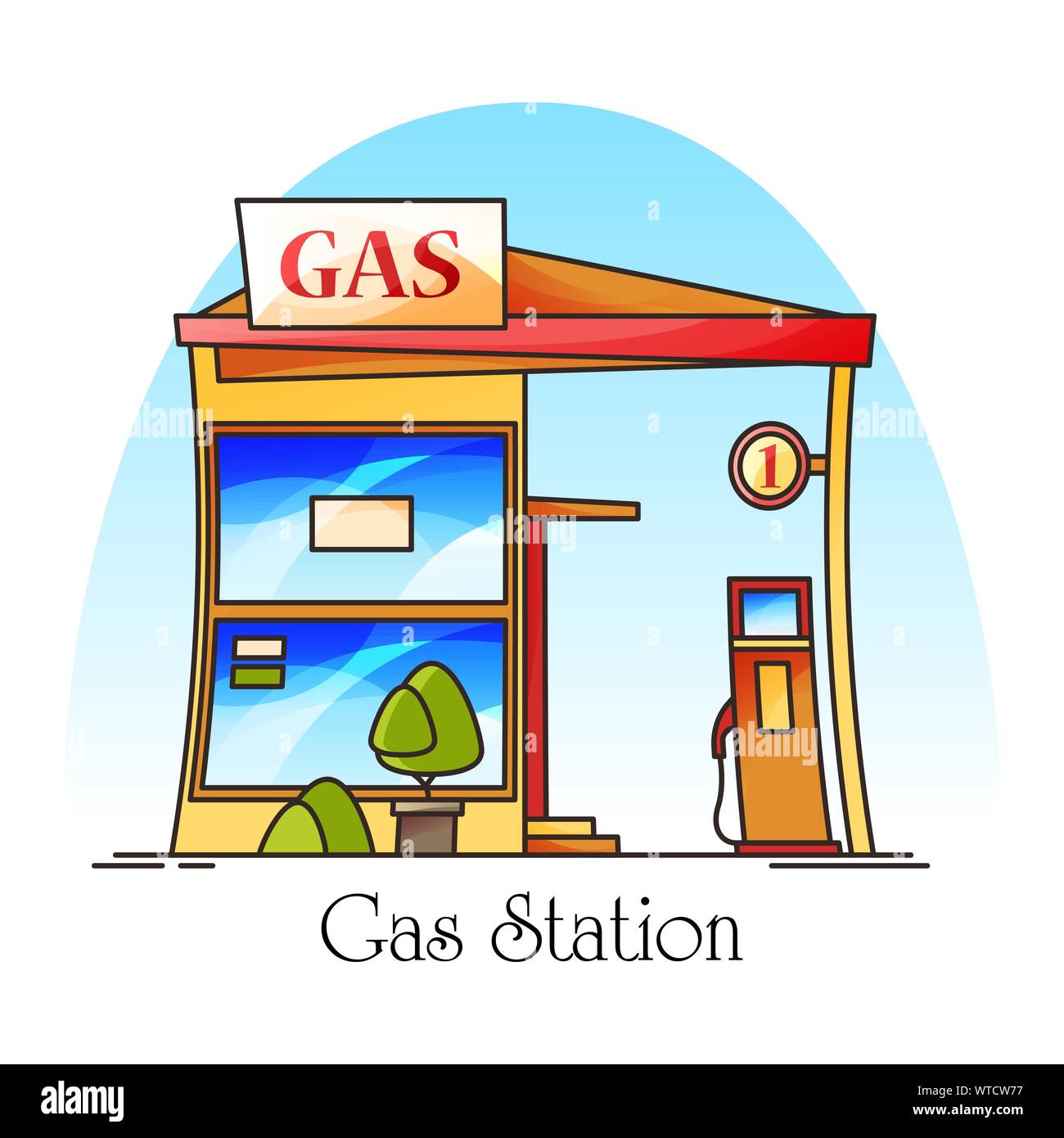 Gas station with fuel pump.Petrol cartoon building Stock Vector