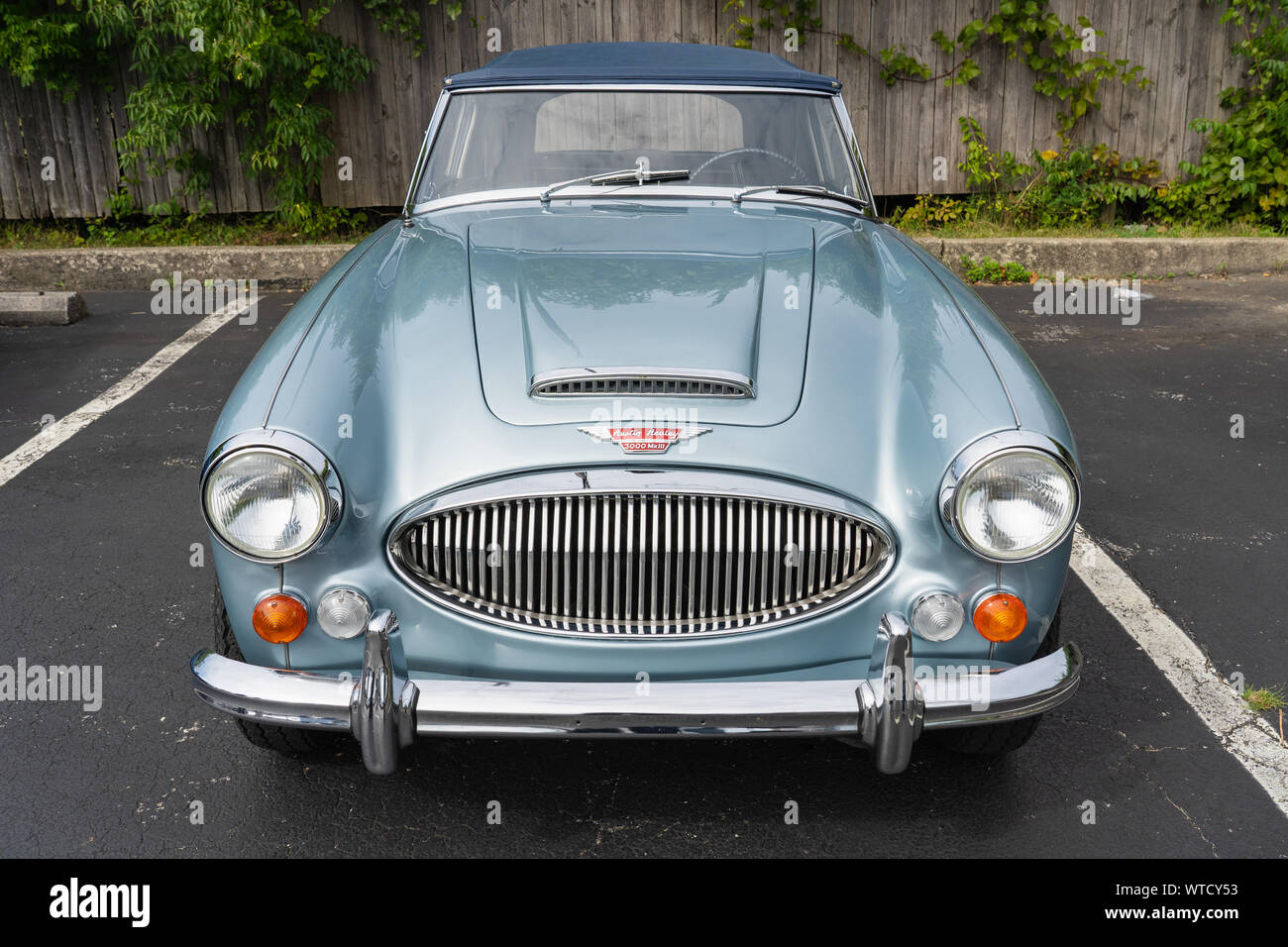 Conshohocken, PA - September 1, 2019: This beautiful blue Austin Healey 3000 Mark III seen parked in a parking lot is a 1960s British sports car. Stock Photo