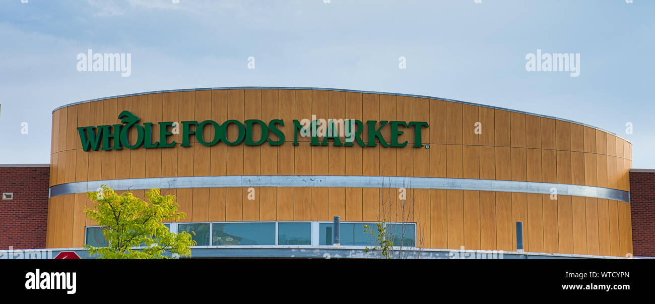 Plymouth Meeting, PA - September 1, 2019: The sign over the front entrance to Whole Foods Market at Plymouth Meeting Mall. Stock Photo
