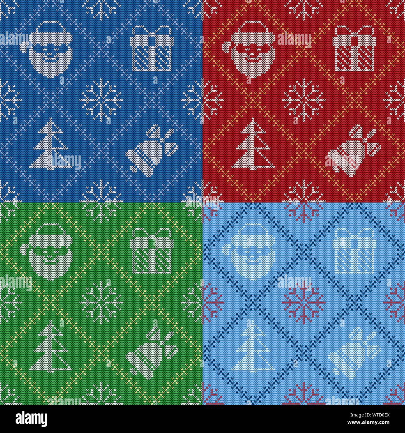 Set of Christmas knitted seamless patterns. Good for wrapping. All elements are on separate layers. Easy to edit color of all elements. Stock Vector