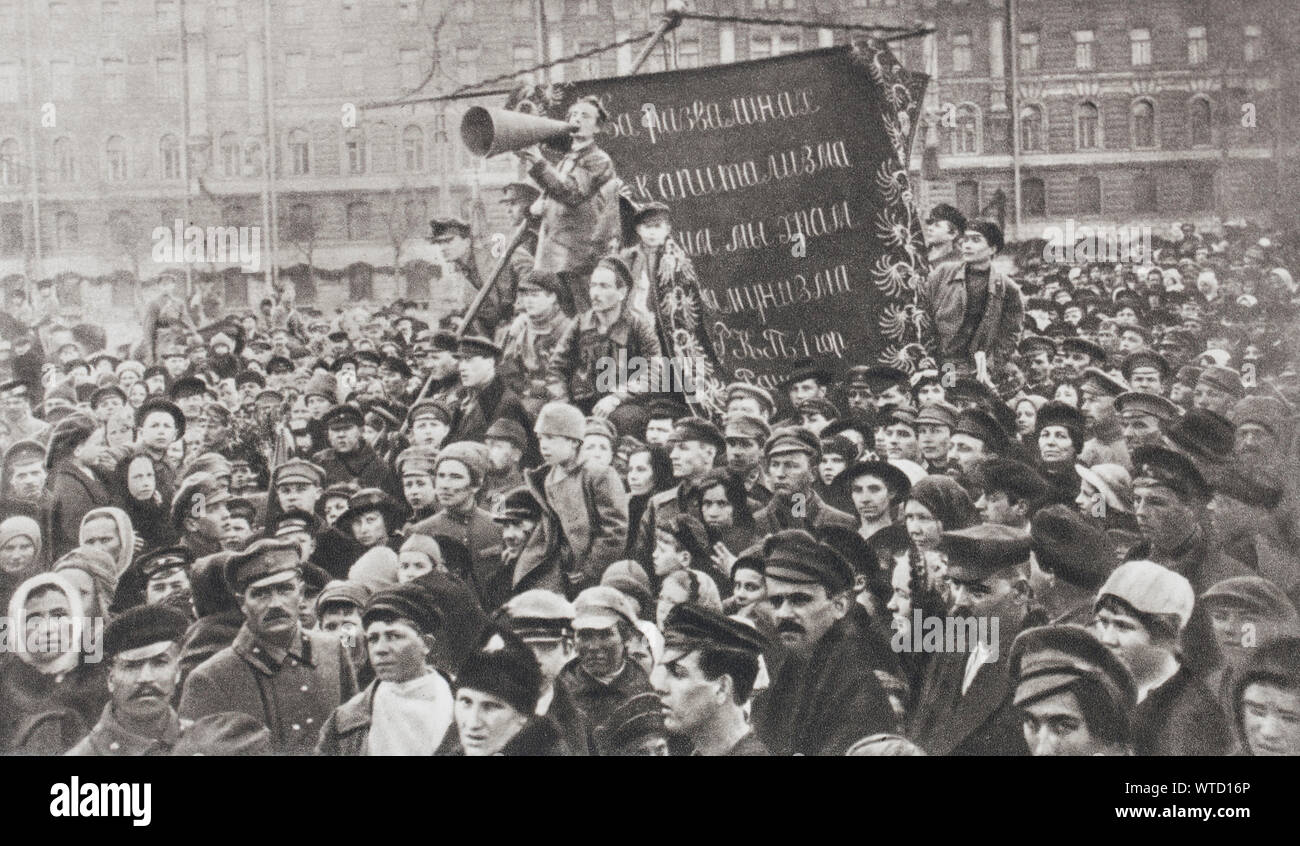 WWII period. Moscow is protesting violently against Finland. On Red Square, the people of Moscow cry out for war against Finland, ' which threatens th Stock Photo