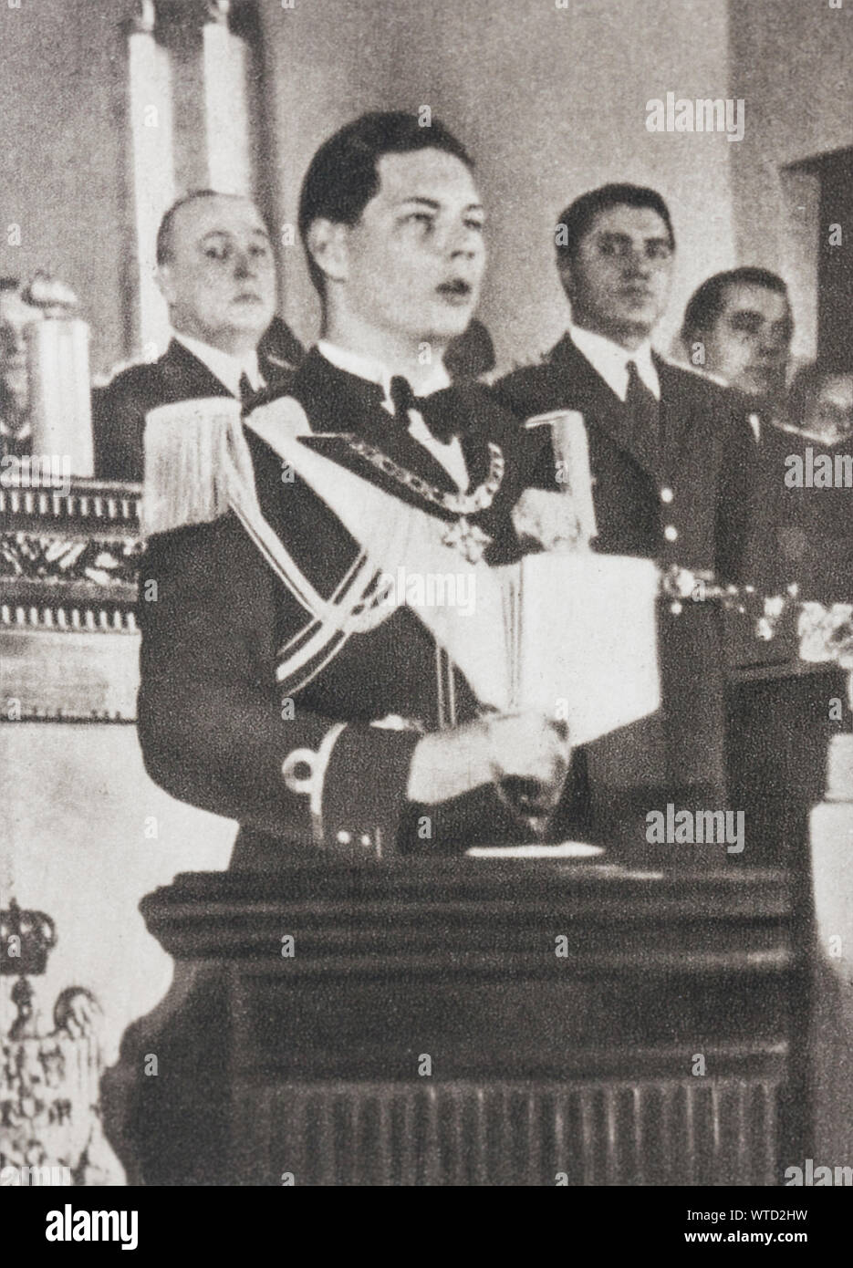 The Young King Michael of Romania, pronouncing a descent in front of the Diete. Stock Photo