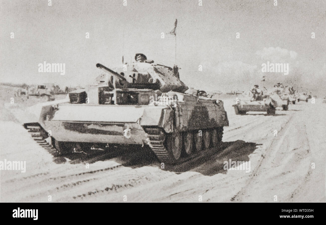 WWII period, Egypt. The superiority of the material blends is evident. The tanks of the British Army are pushing a pin of recognition. Stock Photo