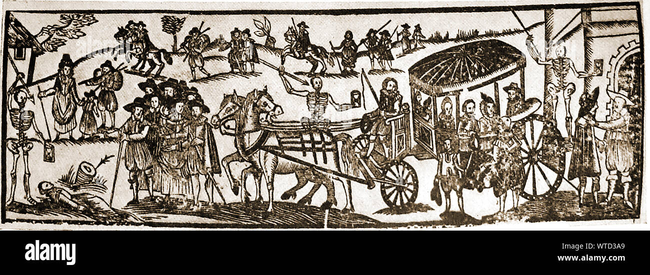 17th century medicine in Britain - a 1630 illustration showing rich and poor alike fleeing from outbreaks of the plague, walking,riding and by coach. Skeletons are around them signifying the disease and one pulls the bell ringer on a mansion or castle gate (right), whilst a woman lies dead on the road (left). In the centre a skelton holds sands of time . Stock Photo