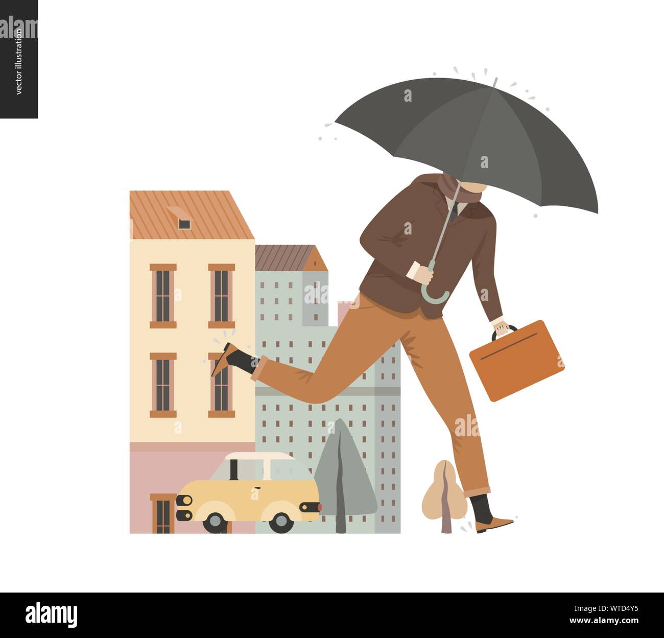 Rain - running businessman -modern flat vector concept illustration of an adult man wearing suit, with an umbrella and suitcase, running under the rai Stock Vector