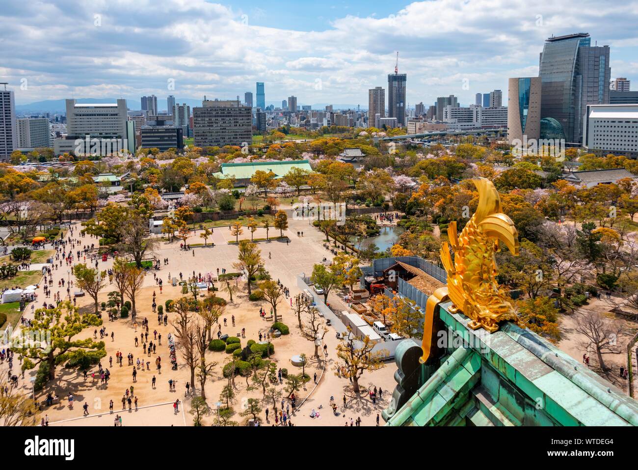 View from Osaka Castle to Osaka Castle Park and city, Chuo-ku, Osaka, Japan Stock Photo
