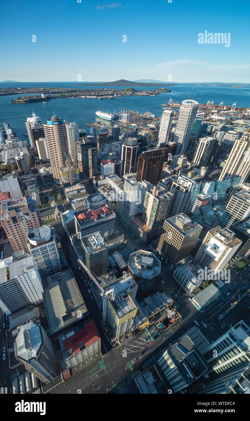 View from the Sky Tower viewing platform, skyline with skyscrapers and harbour, Central Business District, Auckland, North Island, New Zealand Stock Photo