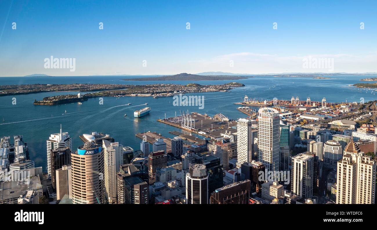 View from the Sky Tower viewing platform, skyline with skyscrapers and harbour, Central Business District, Auckland, North Island, New Zealand Stock Photo