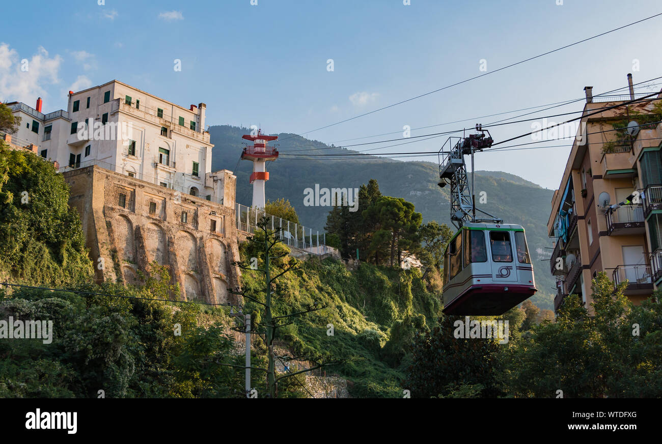 A picture of the Monte Faito cable car arriving at the Castellammare di Stabia sation. Stock Photo