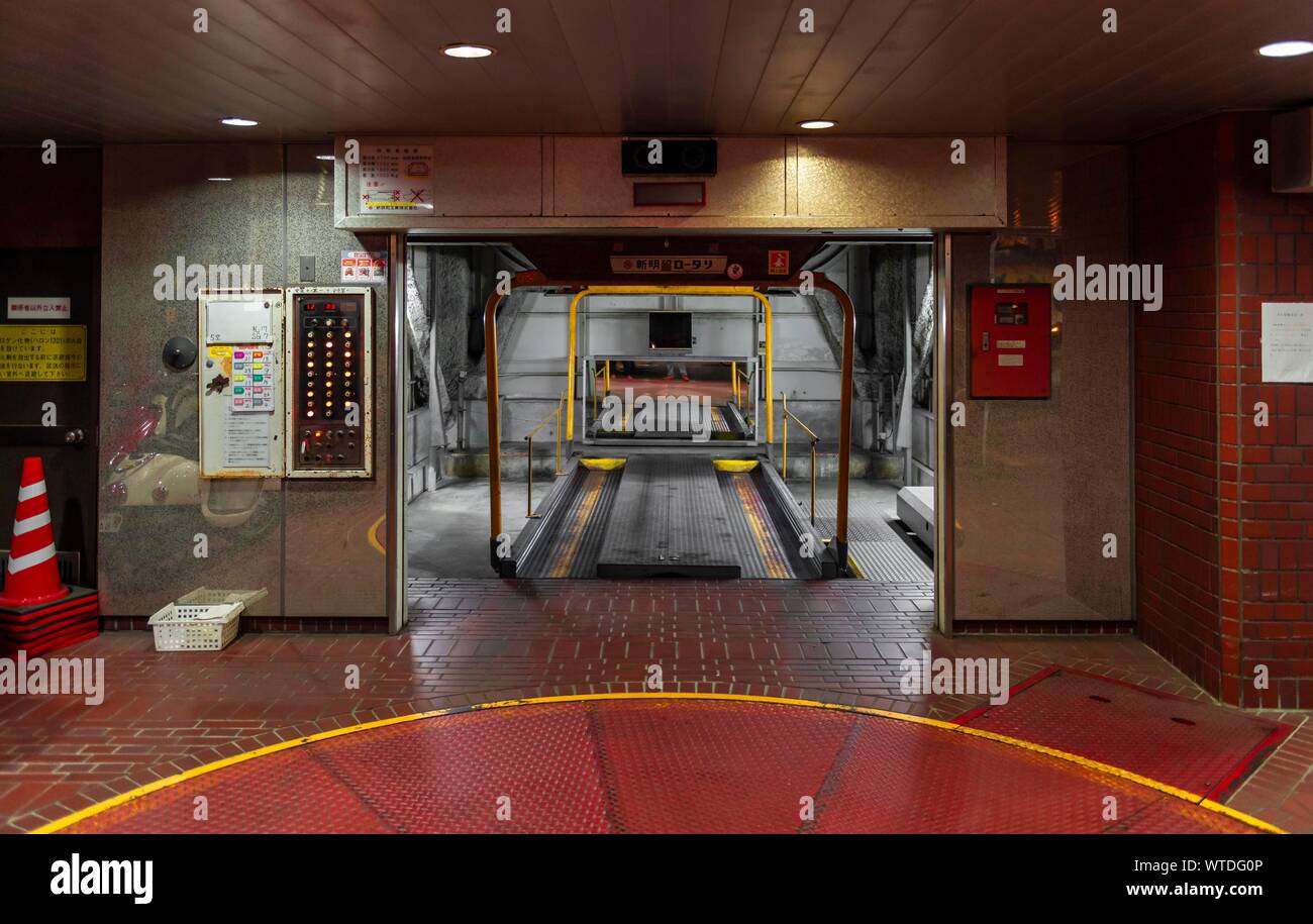Parking garage, lift access, vertical garage, Kyoto, Japan Stock Photo
