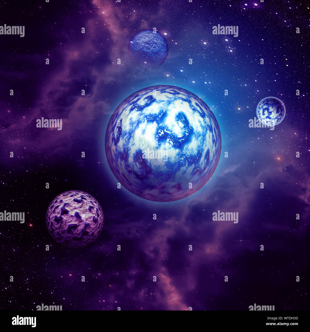 Space background with purple clouds, stars and planets Stock Photo - Alamy