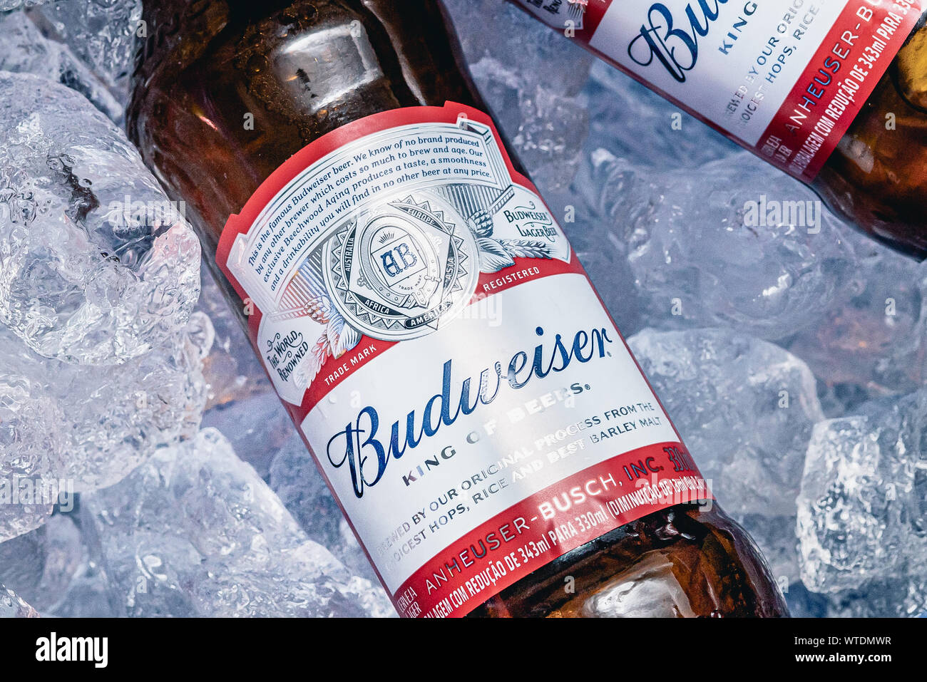 Brasilia, Federal District - Brazil. Circa 2019. Photograph of two Budweiser beer bottles in a cooler with ice. Stock Photo