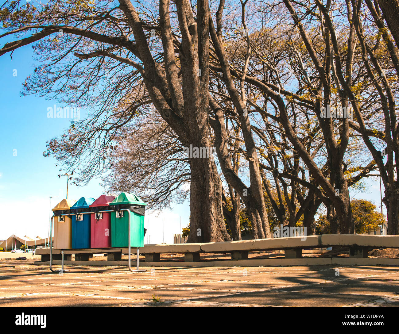 Photo of bins for selective collection in a square. Stock Photo
