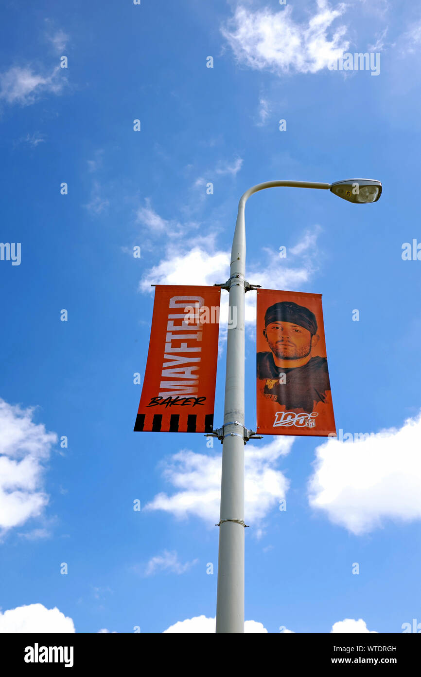 Baker Mayfield banners hang from light posts on Erieside Avenue in Cleveland, Ohio, USA Stock