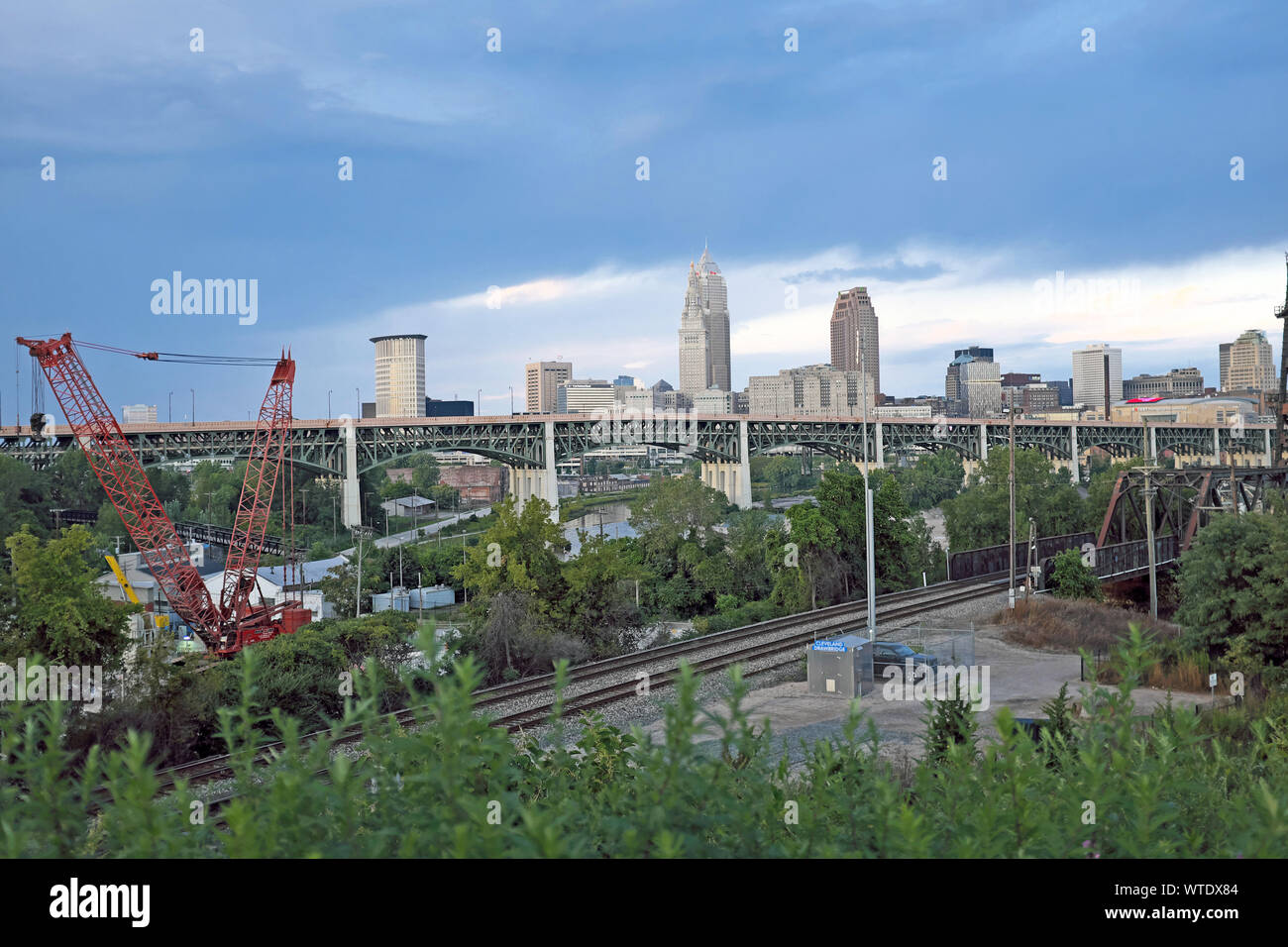 A view of downtown Cleveland Ohio from the Tremont neighborhood on September 2, 2019.  Formidable clouds point to ominous weather in the CLE. Stock Photo