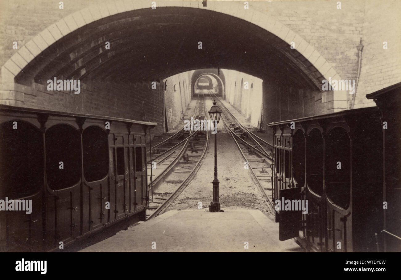 Antique photograph of Chemin de fer de la croix rousse, railway station platform, Lyon, France, c. 1880s Stock Photo