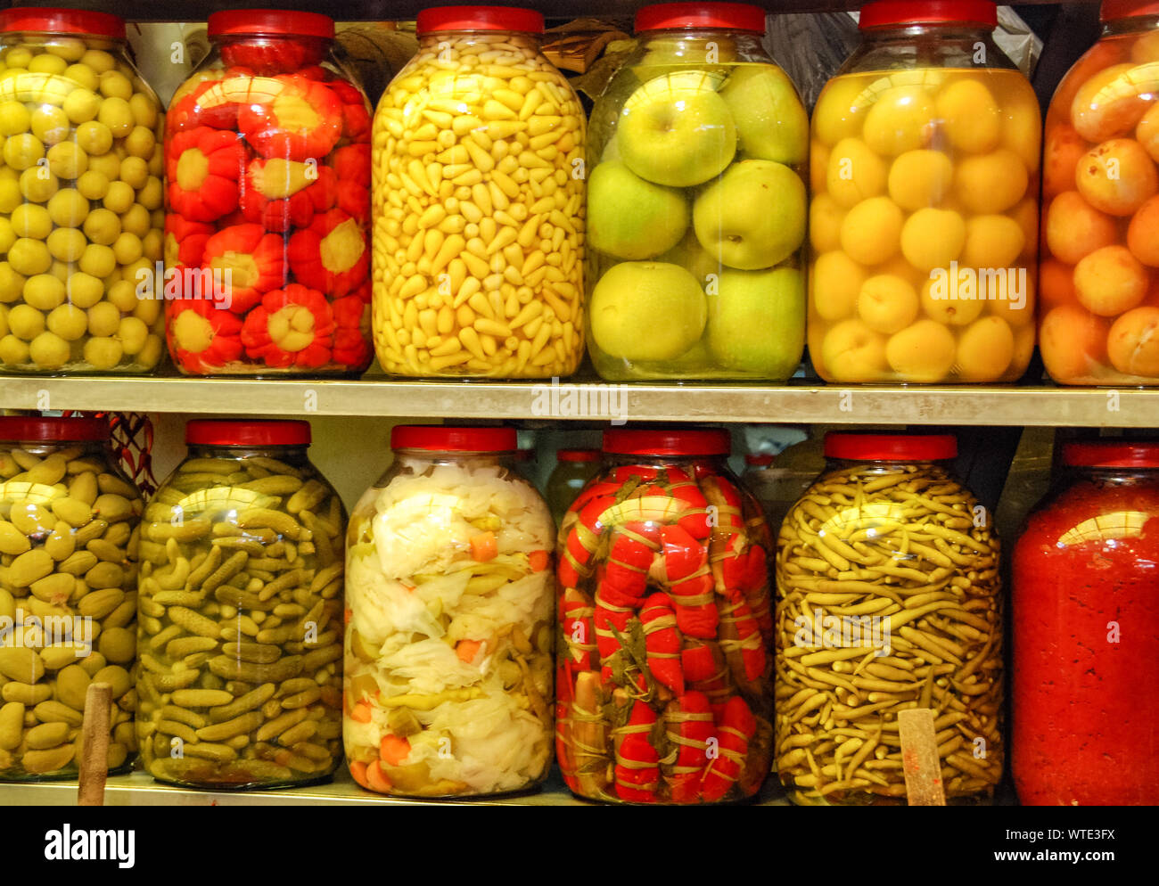 Rows Of Pickled Vegetables In Glass Jars Stock Photo Alamy