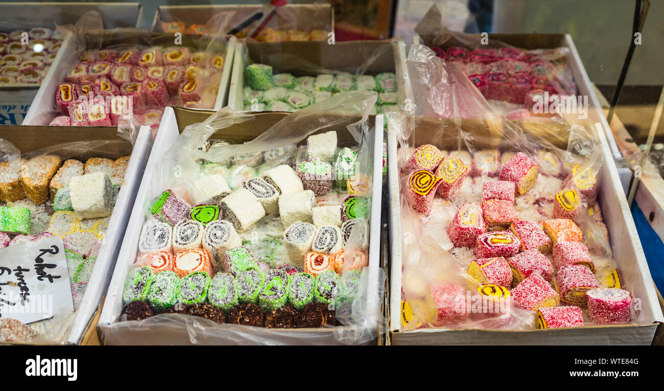 Flavored Turkish delight (rahat turcesc) at a food festival in Bucharest, Romania – 2019 Stock Photo
