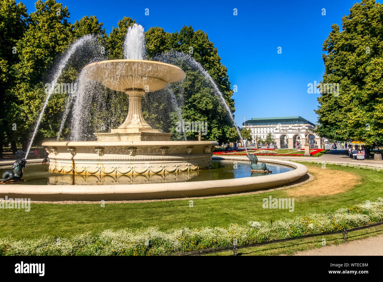 Warsaw, Poland, summer view of the fountain and sculptures in the Saxon Garden or Ogrod saski Stock Photo