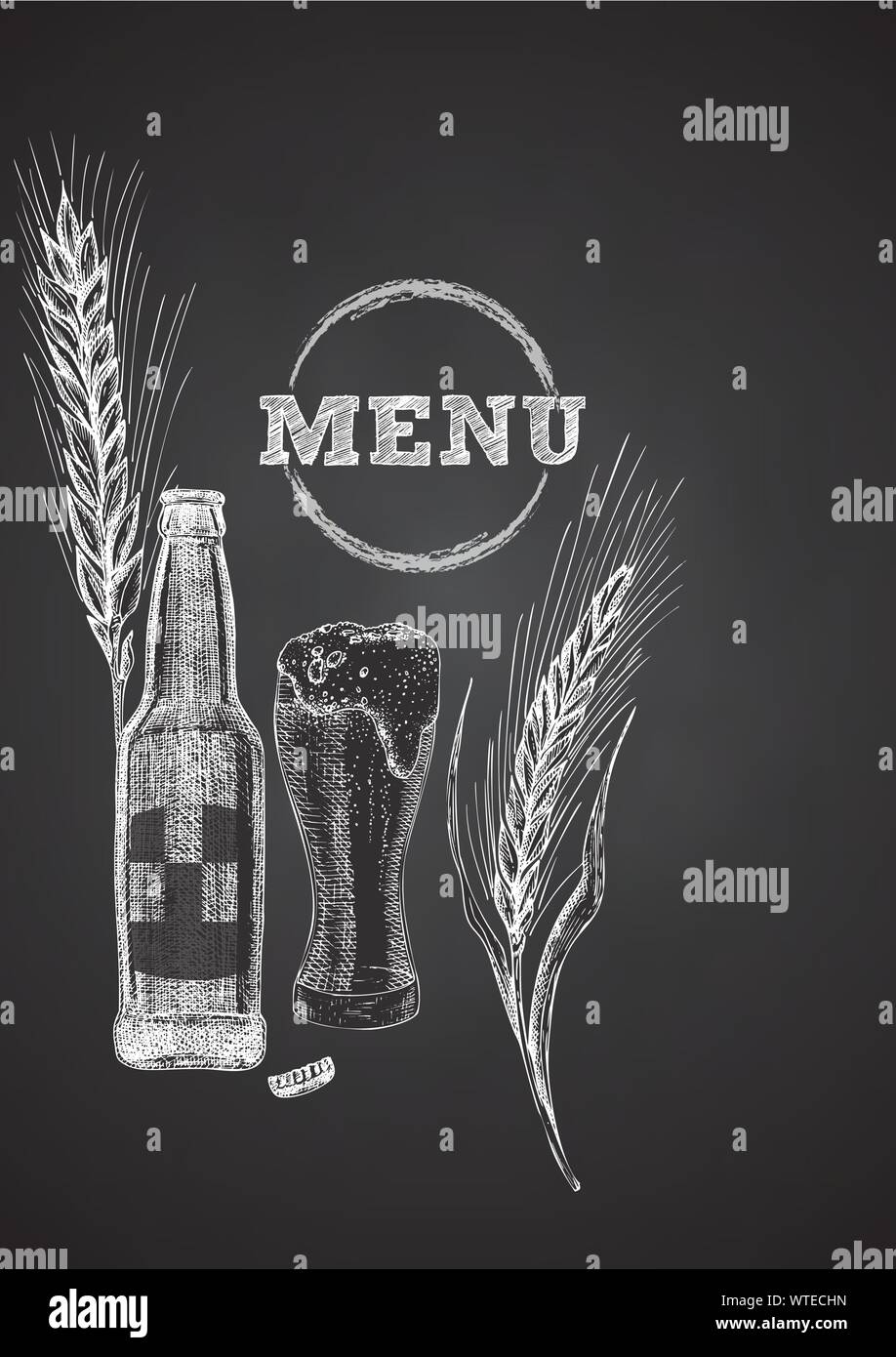 Set hand drawn sketch bottle and glasses beer, hop, wheat Vintage design bar, restaurant, cafe menu on on black chalk board background. Graphic vector Stock Vector