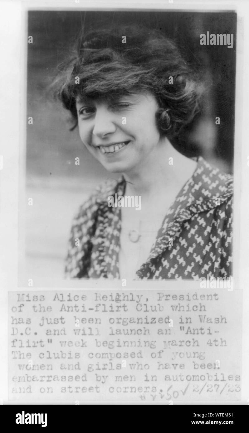 Miss Alice Reighly, President of the Anti-flirt Club which has just been organized in Wash., D.C. and will launch an Anti-flirt week beginning March 4th - the club is composed of young women and girls who have been embarrassed by men in automobiles and on street corners Stock Photo