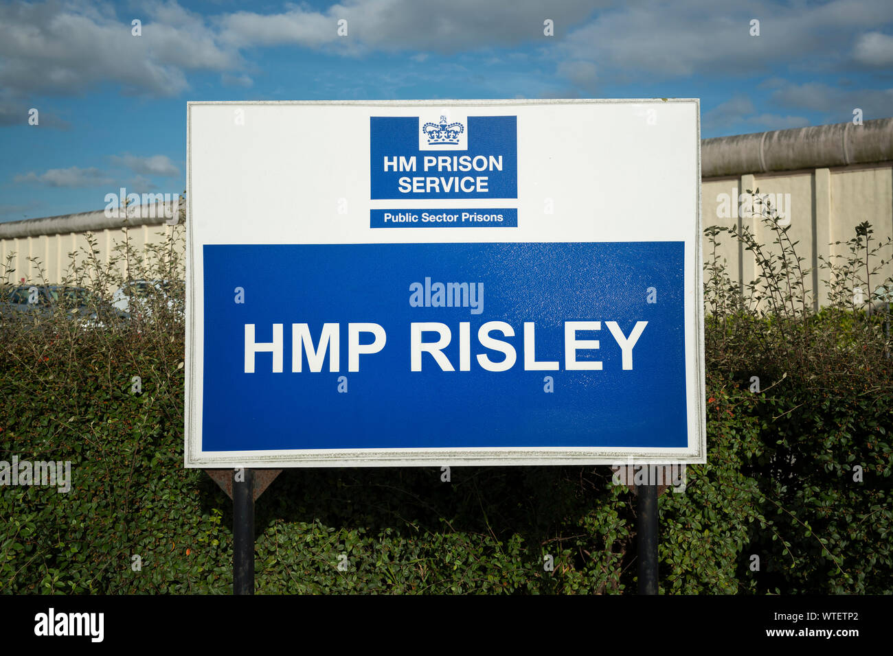 Signage for HMP Risley prison in Warrington, UK. Stock Photo