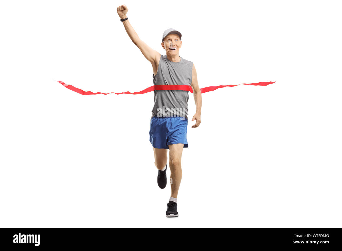 Full length portrait of a senior man on the finish of a marathon gesturing happiness isolated on white background Stock Photo