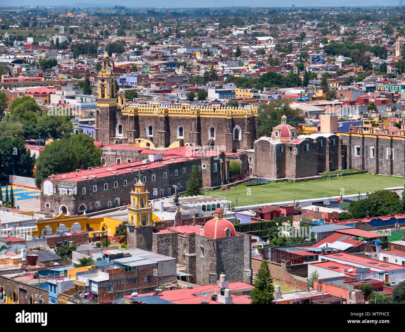 San Andres Cholula, Mexico, September 30, 2018 - High angle view of beautiful San Gabriel Convent at and San pedro Cholula at sunny day . Stock Photo
