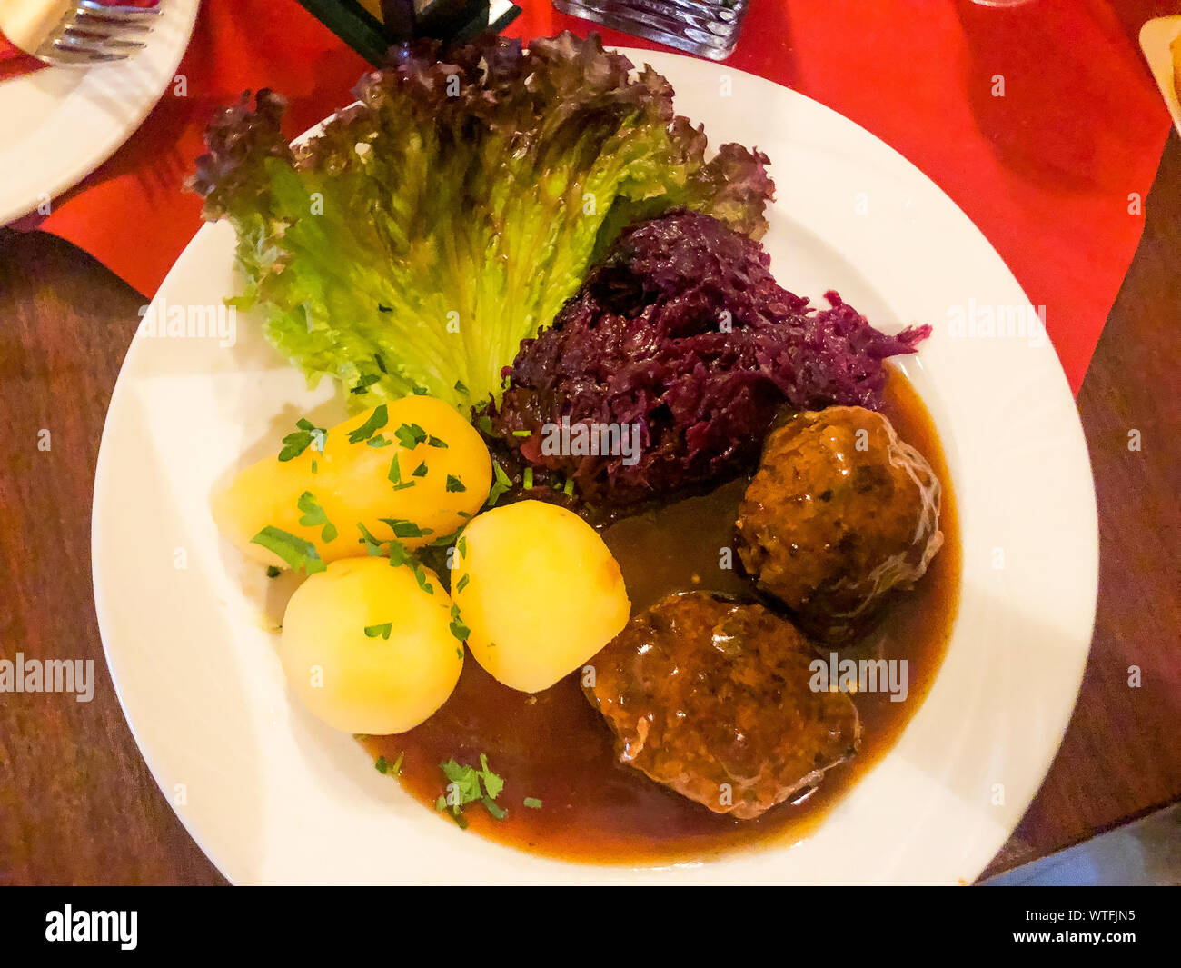 Tasty stewed meat, red cabbage and potato dumplings. Photo Studio Stock Photo