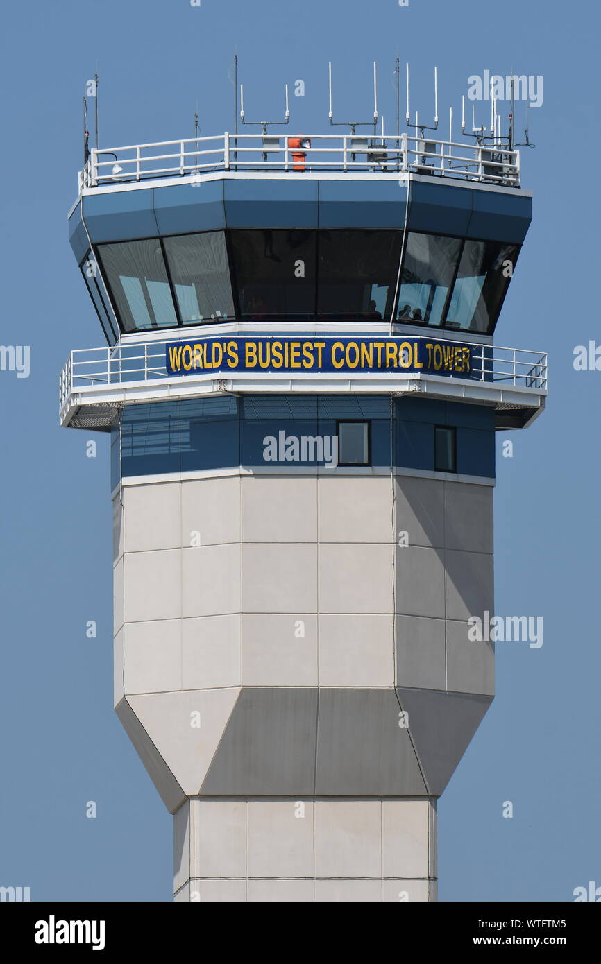 WORLD'S BUSIEST CONTROL TOWER - OSHKOSH DURING EAA WEEK. Stock Photo