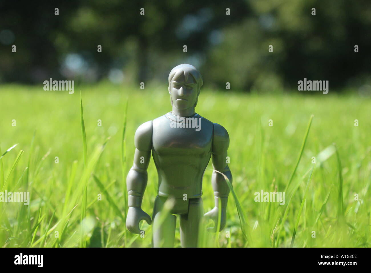 Close up action figure standing in bright grass on a sunny day Stock Photo