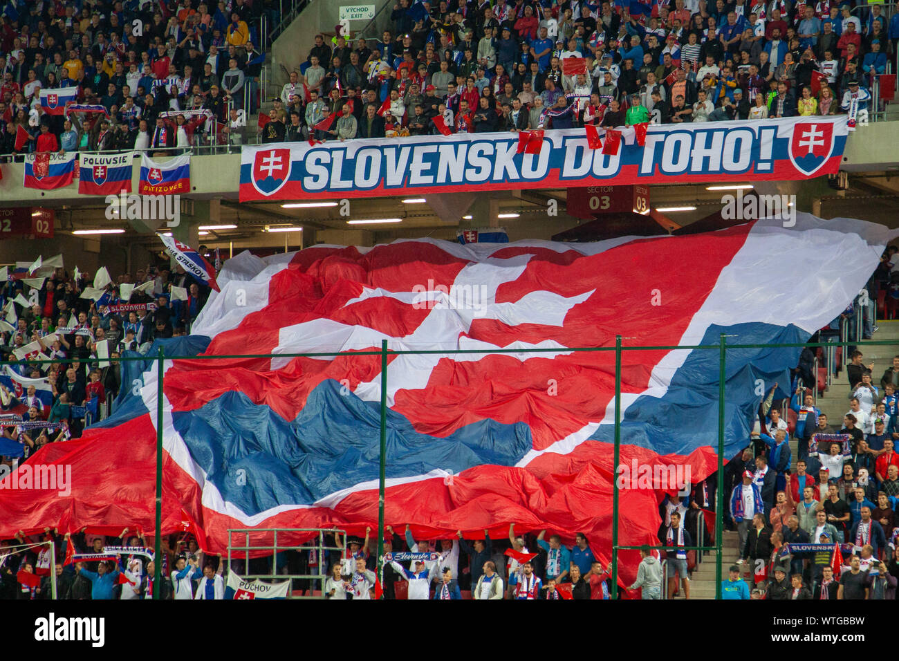Trnava, Slovakia. 6st September, 2019. Slovak fans during the Euro 2020 qualifier between Slovakia and Croatia. Stock Photo