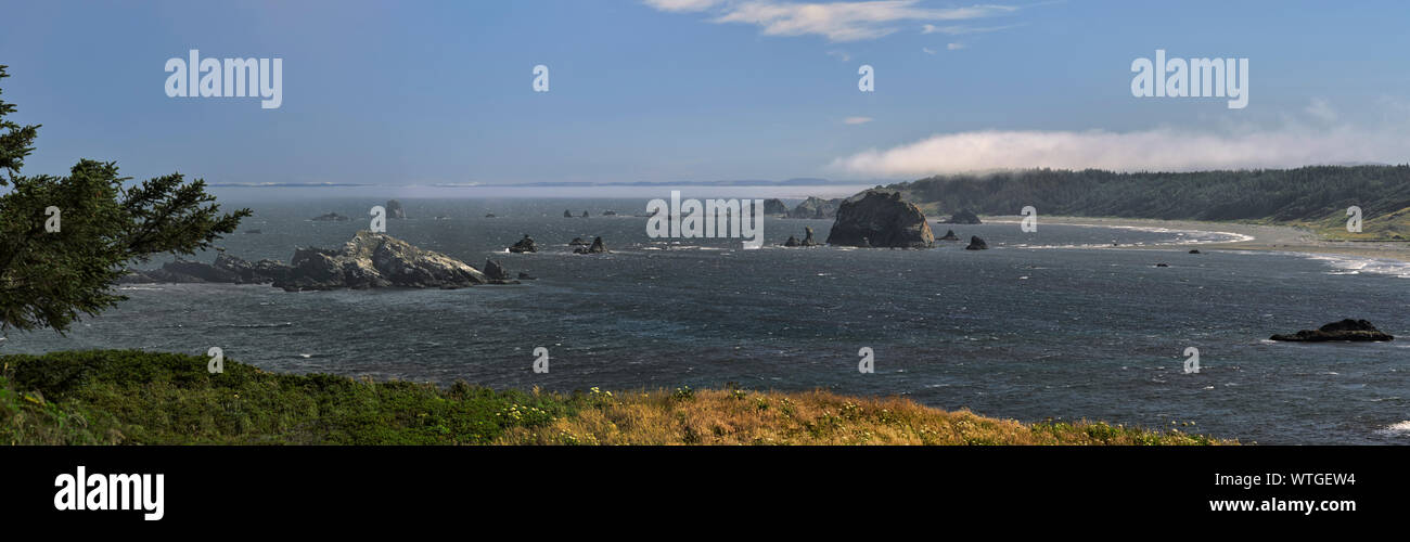 OR: Curry County, Northern Curry County Coast, Cape Blanco Area, Cape Blanco State Park. Panorama of sea stacks and sand beach off of Cape Blanco, vie Stock Photo