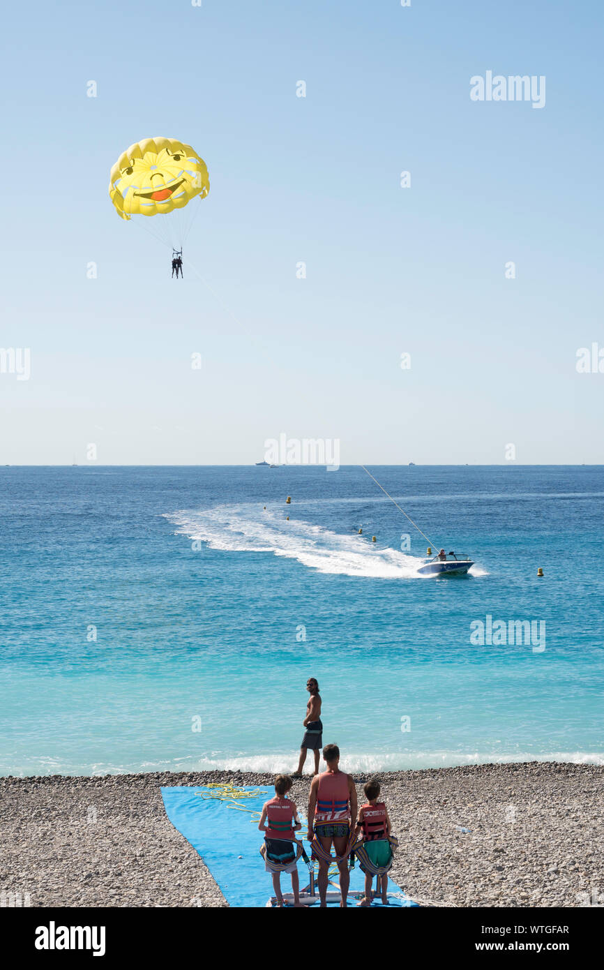Couple paragliding in Nice, French Riviera, France, Europe Stock Photo