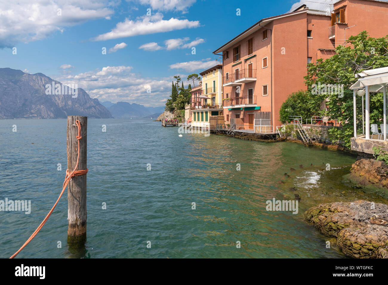 The waterfront of Malcesine and Lago di Garda Lake. Stock Photo
