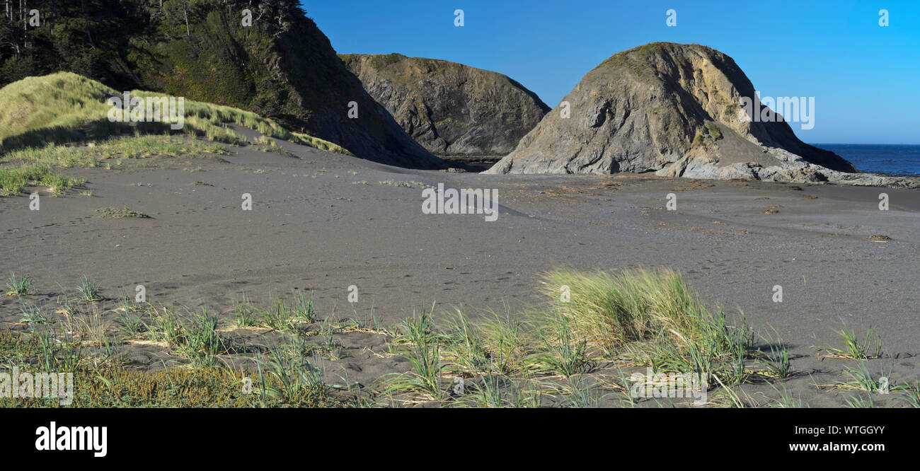 Panoramic view of cliffs and sea stacks at Agate Beach in Port Orfords Head State Park, Port Orford, Oregon. Stock Photo