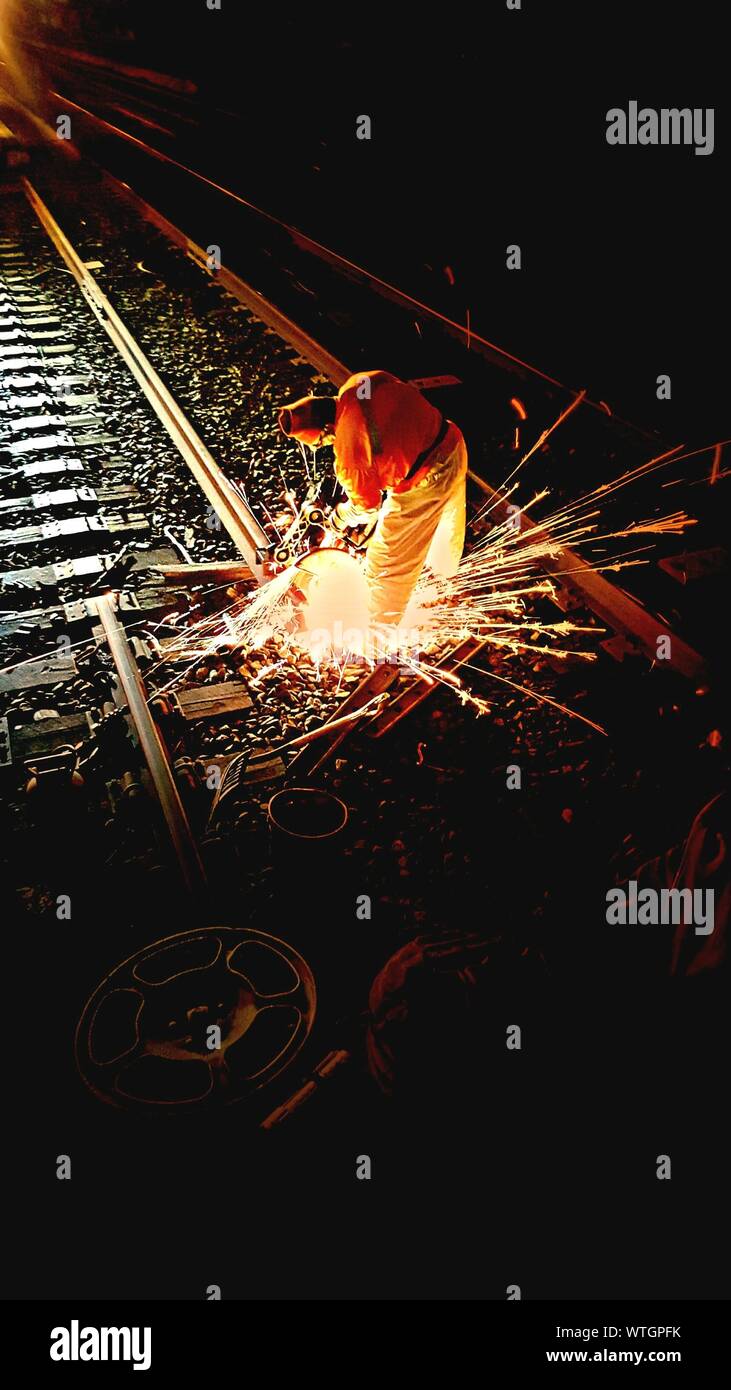 Welder Working At Railway Track Stock Photo Alamy