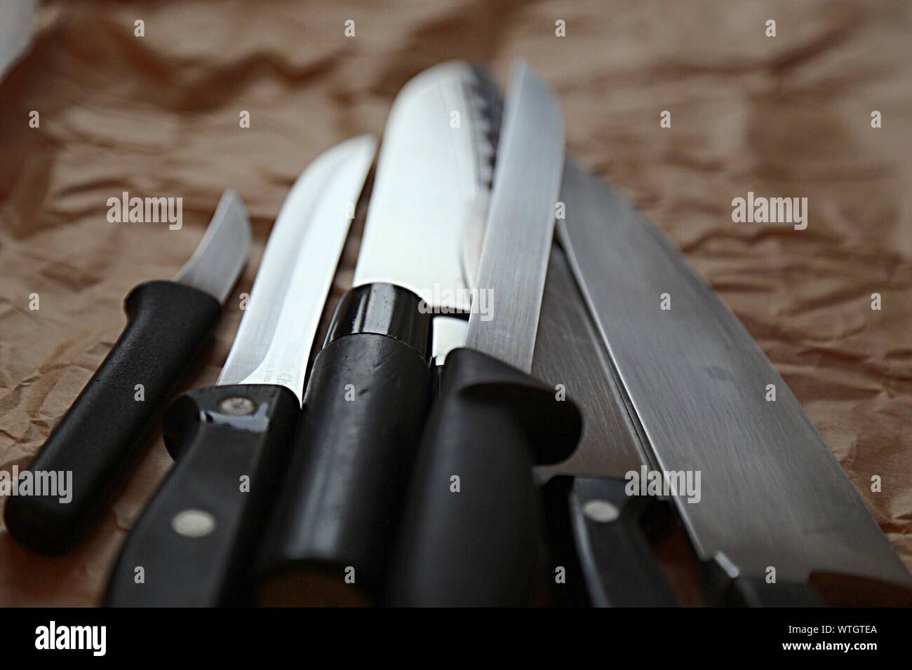 Close-up Of Various Kitchen Knives Stock Photo
